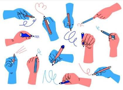 Artistic depictions of blue and red hands writing with pens and pencils on a white background