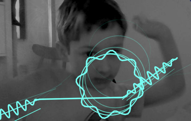 Black and white photograph of a young boy with blue abstract lines over the image