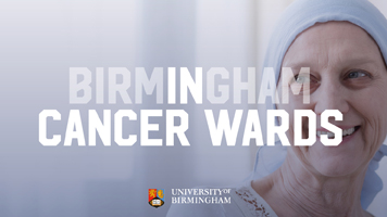 Hospital patient with overlaid text 'Birmingham in Cancer Wards'