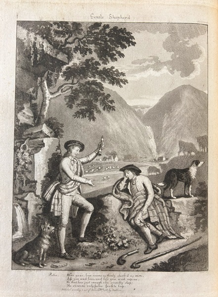 The Gentle Shepherd, showing two men in Highland clothing in a dramatic valley with their dogs. Their sheep are nearby.