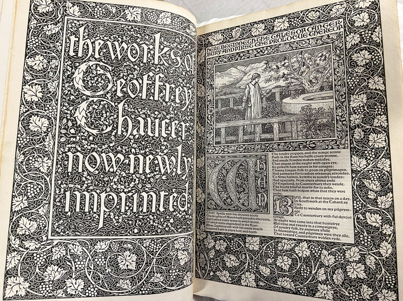 A highly-decorative title page in Pre-Raphaelite faux-Mediaeval style.