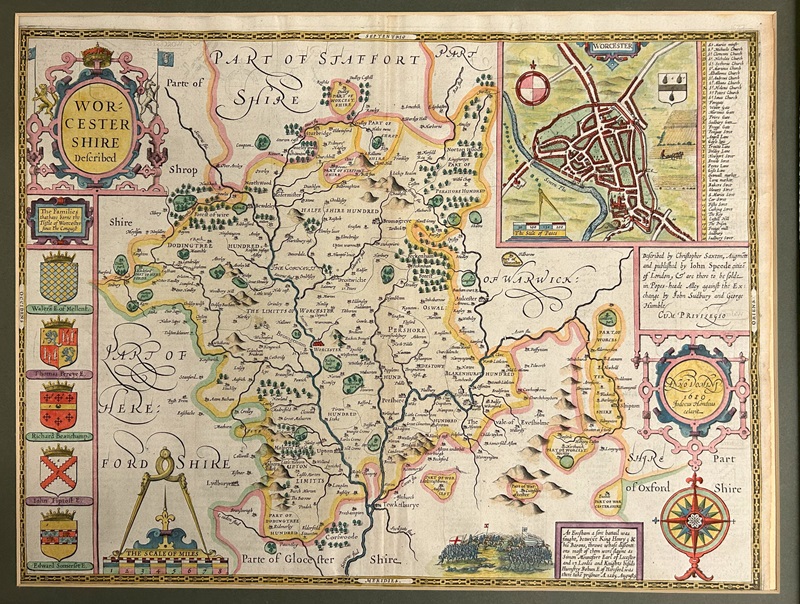 Speed's coloured and illustrated map of Worcestershire.