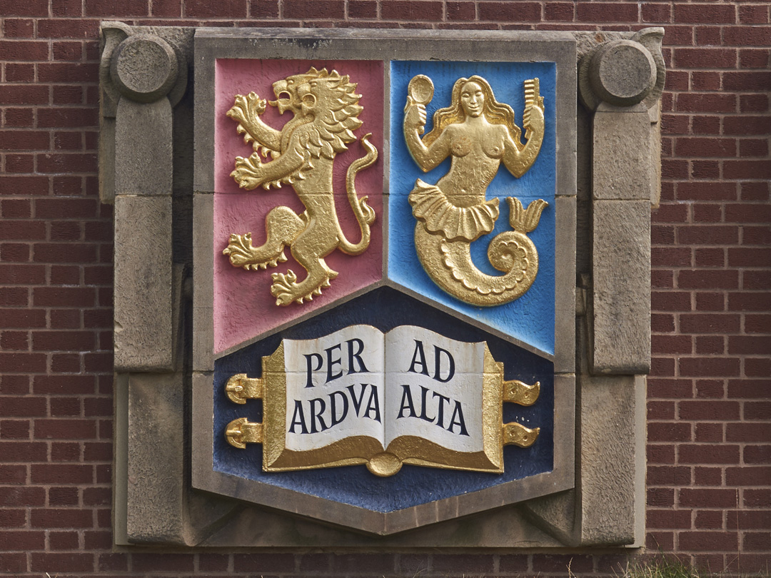 Detail close up of University of Birmingham Crest from Heraldic Shields from Old Library by William Bloye