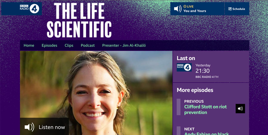 A screenshot of Alice Roberts of the BBC's The life Scientific website