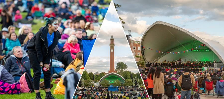 three images of outdoor concerts at the University of Birmingham