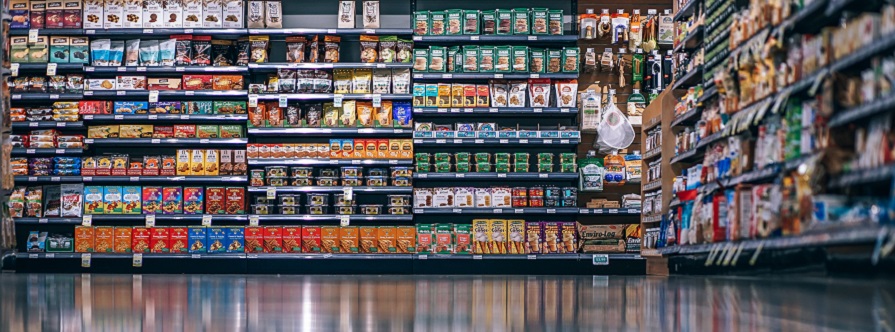 supermarket shelves with convenience food