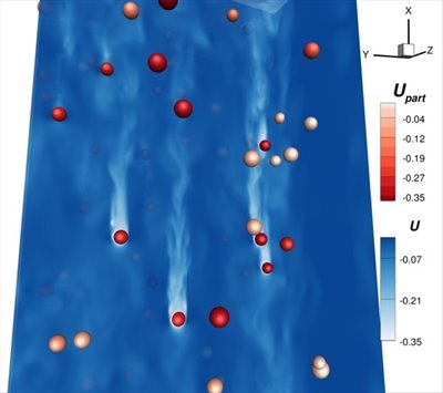 Direct numerical simulation of inertial particles of various sizes falling in a liquid matrix with Multiflow3D.