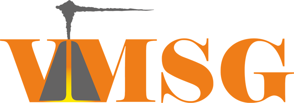 A logo for Volcanic and Magmatic Studies Group showing the letters VMSG in orange with a graphic of a volcano in between letters V and M