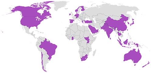 Map of the world highlighting partnership countries in purple