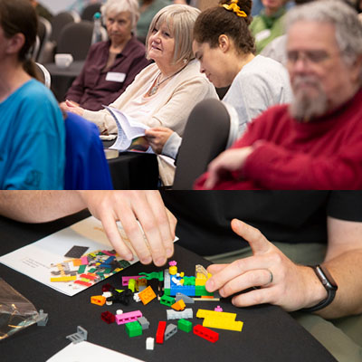 Two images - first image are two women sitting in an audience - second image is a man building a model with Lego