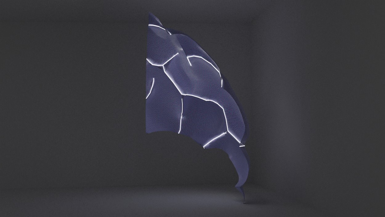 3D rendering of a blue abstract shape with white lines