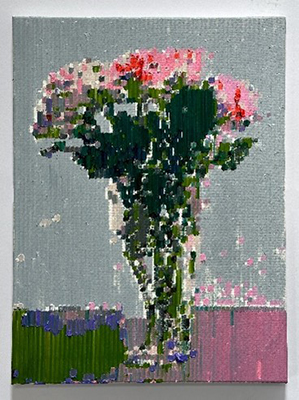 Painting of a bouquet of pink flowers in a vase