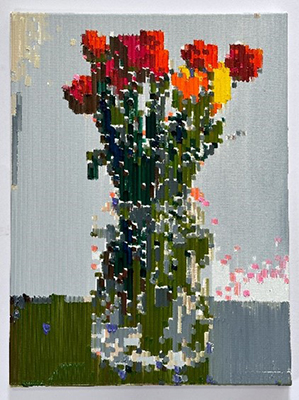 Painting of a bouquet of red and yellow flowers in a vase.