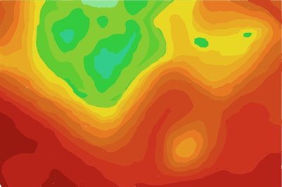 A forecast-style image with vibrant patches of green, yellow, orange and red