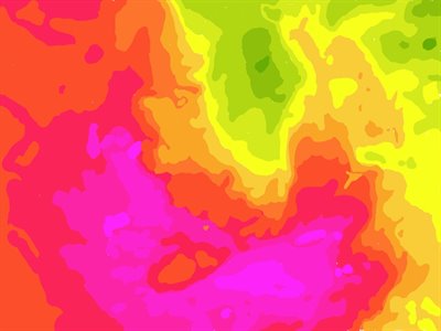 A colourful forecast-style image with vibrant hues of red and pink on the left, and orange, yellow and green on the top left.