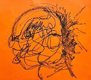 An abstract doodle on an orange piece of paper.