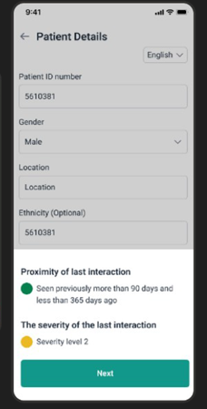 Phone screen of patient details which includes ID number, gender, location and option to input ethnicity.