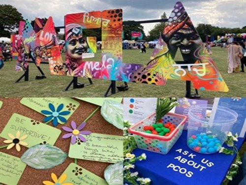 Montage of stand at The Mela Festival, positive notes and a stall that says 'Ask us about PCOS'