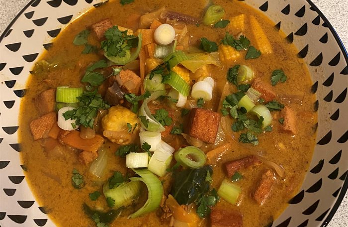 A bowl of tom kha soup