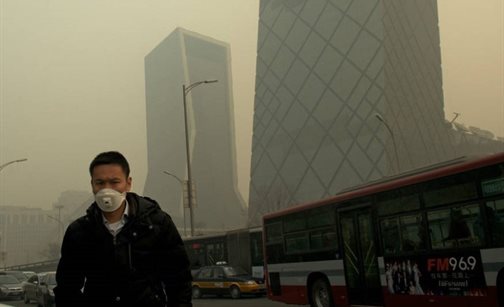 Man wearing face mask in a polluted area of Beijing