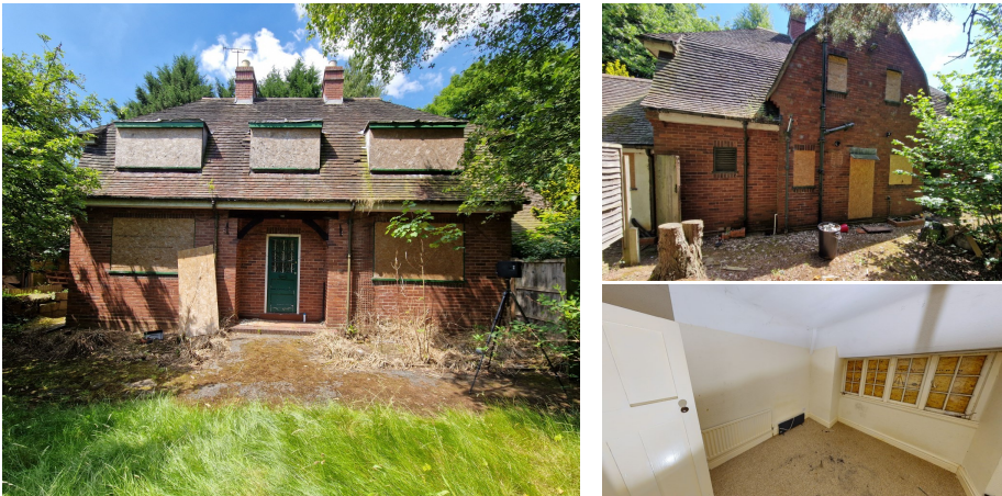 Three images showing the exterior and interior of Hornton Grange Cottage as it is now (unused).