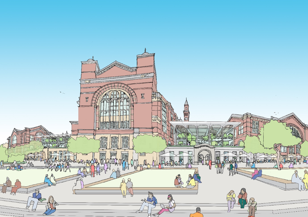 A coloured drawing of a large redbrick building and people milling about outside.
