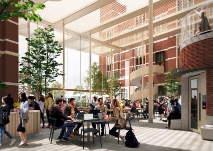 A digital image showing a building with glass walls and ceiling, and a busy social hub inside with people working at tables. drinking coffee and talking.