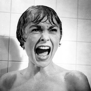 Janet Leigh screaming in the shower in black and white