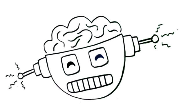 A black and white drawing of a robot's head.