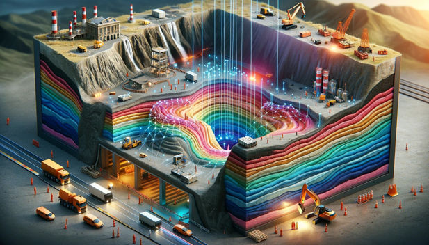 An animated image of a quarry revealing many layers of multi-coloured earth.