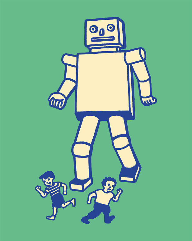 A green background with a cartoon robot towers over some cartoon children that are running away.