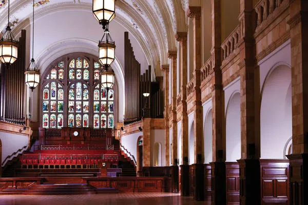 Stained glass and later lights inside the Great Hall