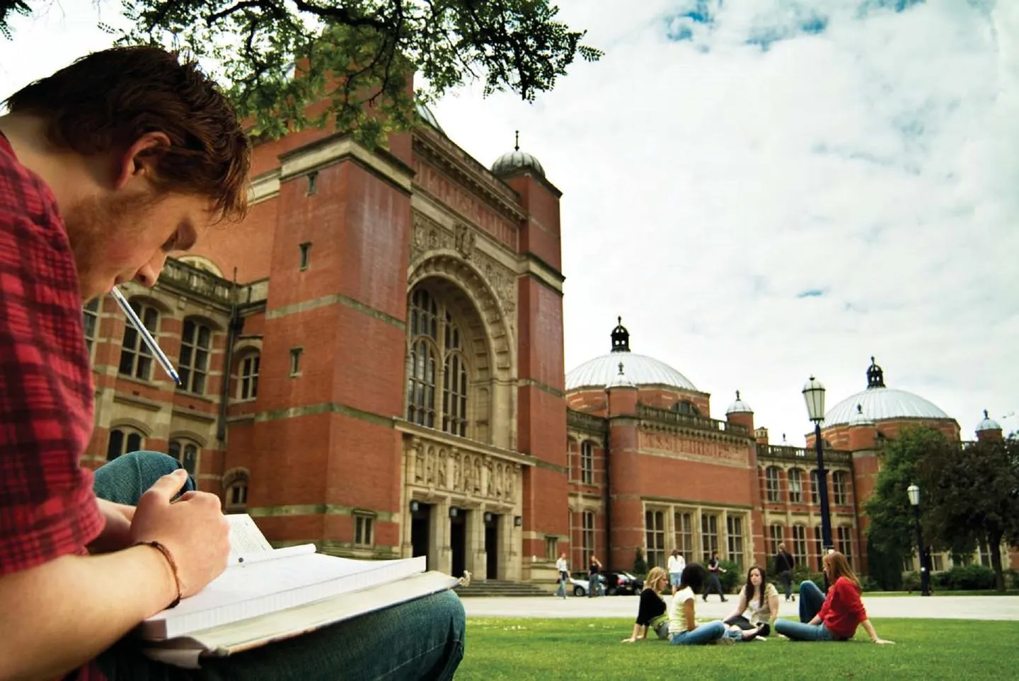 Students working outside Aston Webb building