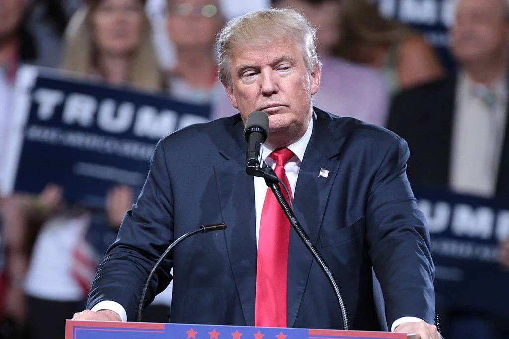 Donald Trump delivering remarks at a campaign rally. 