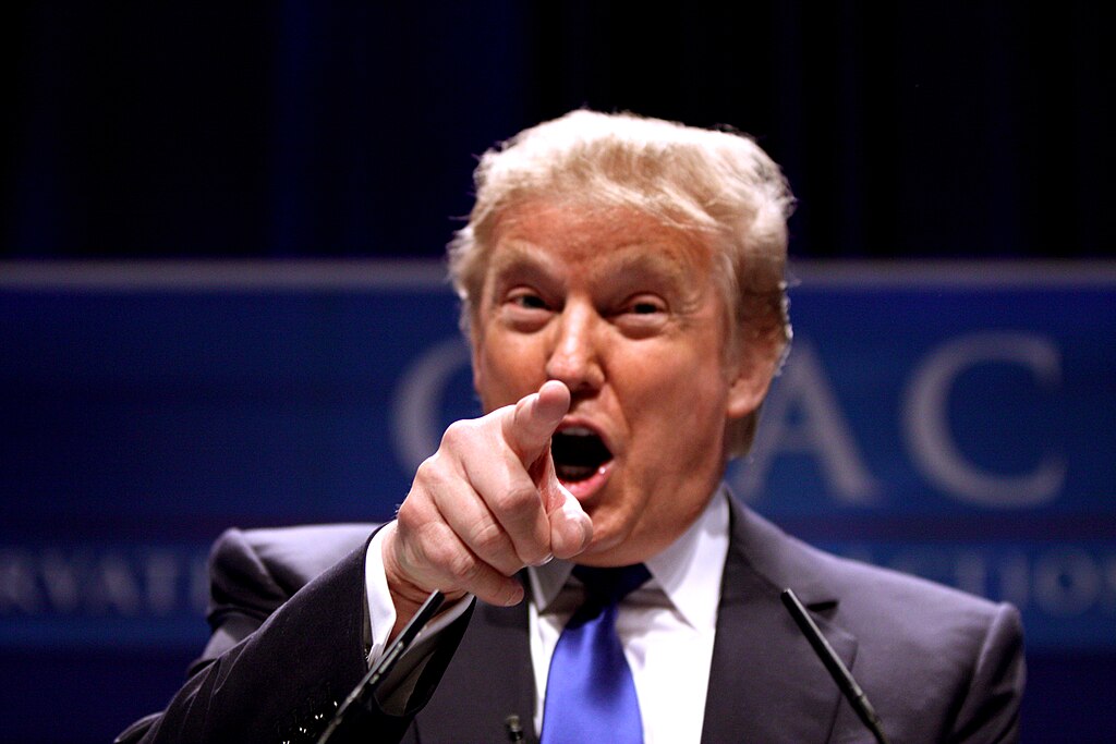 Donald Trump pointing and talking into microphone.