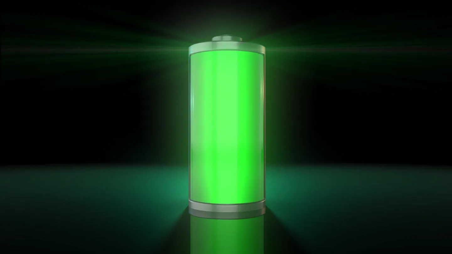 A glowing green battery