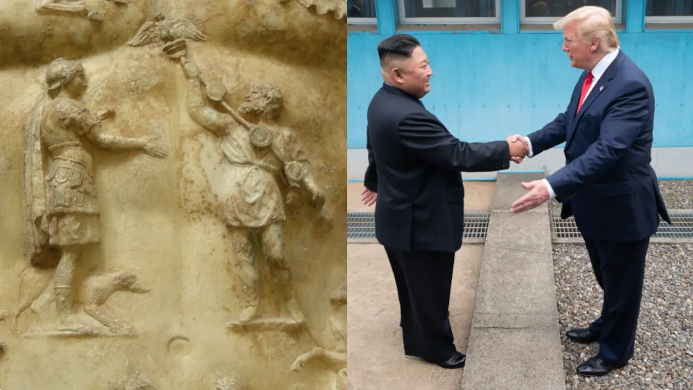 ancient diplomacy artwork and a photo of two contemporary world leaders side by side