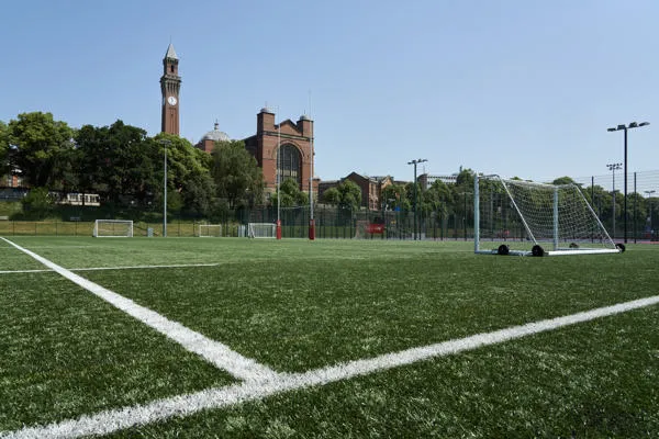 Football pitches and goal in front of Old Joe