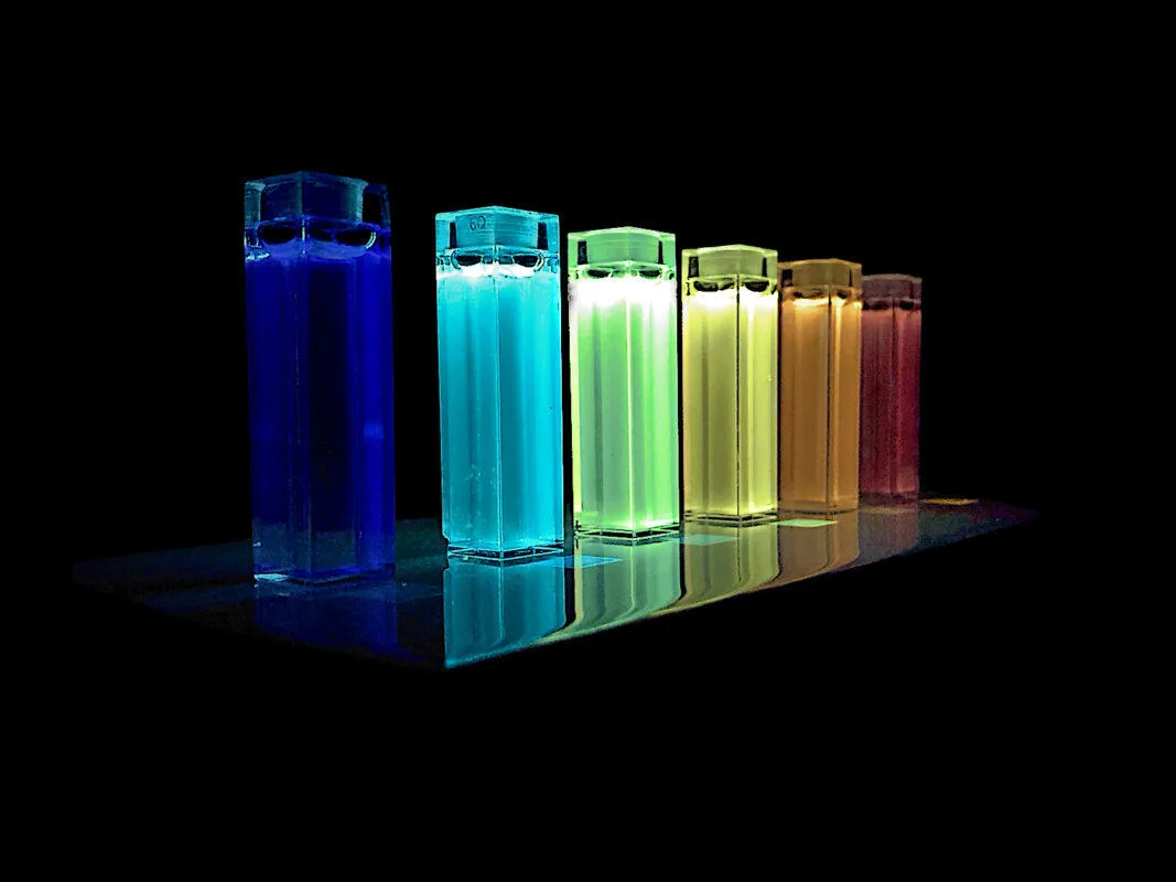 An assortment of fluorescent dyes in vials