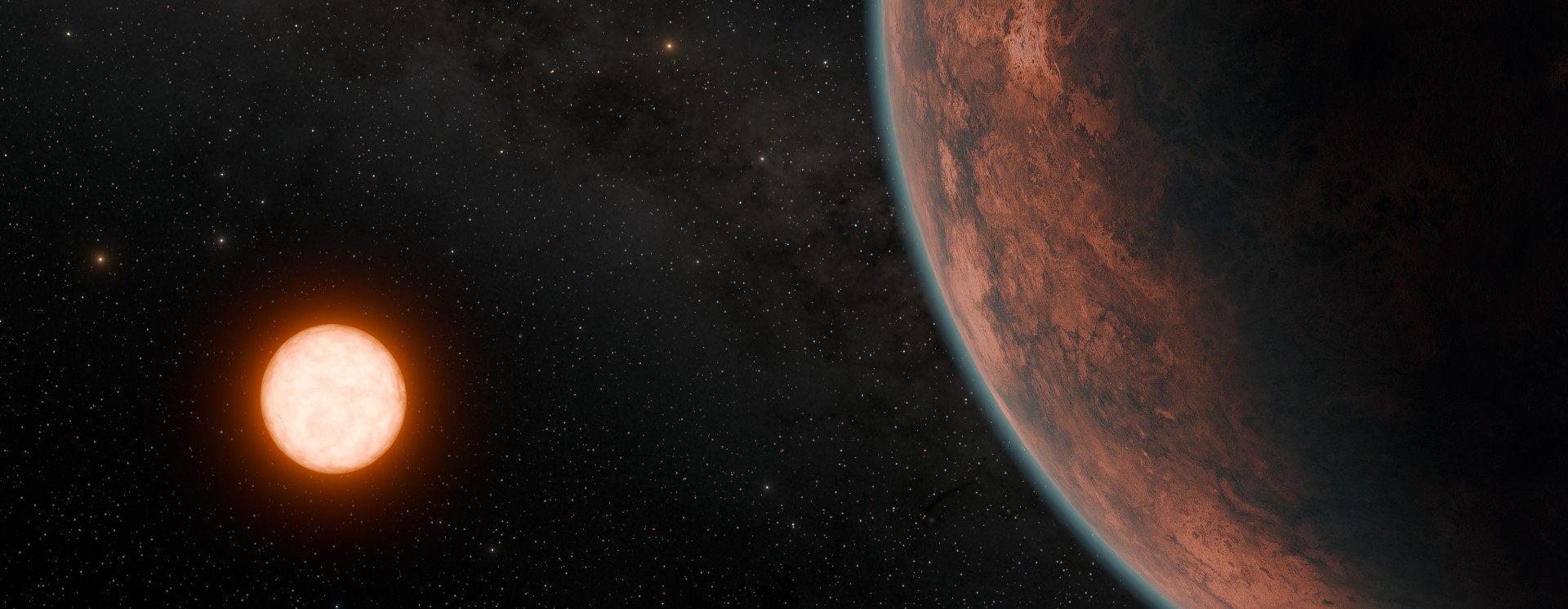 Illustration of an exoplanet in close up, with red dwarf star in the background