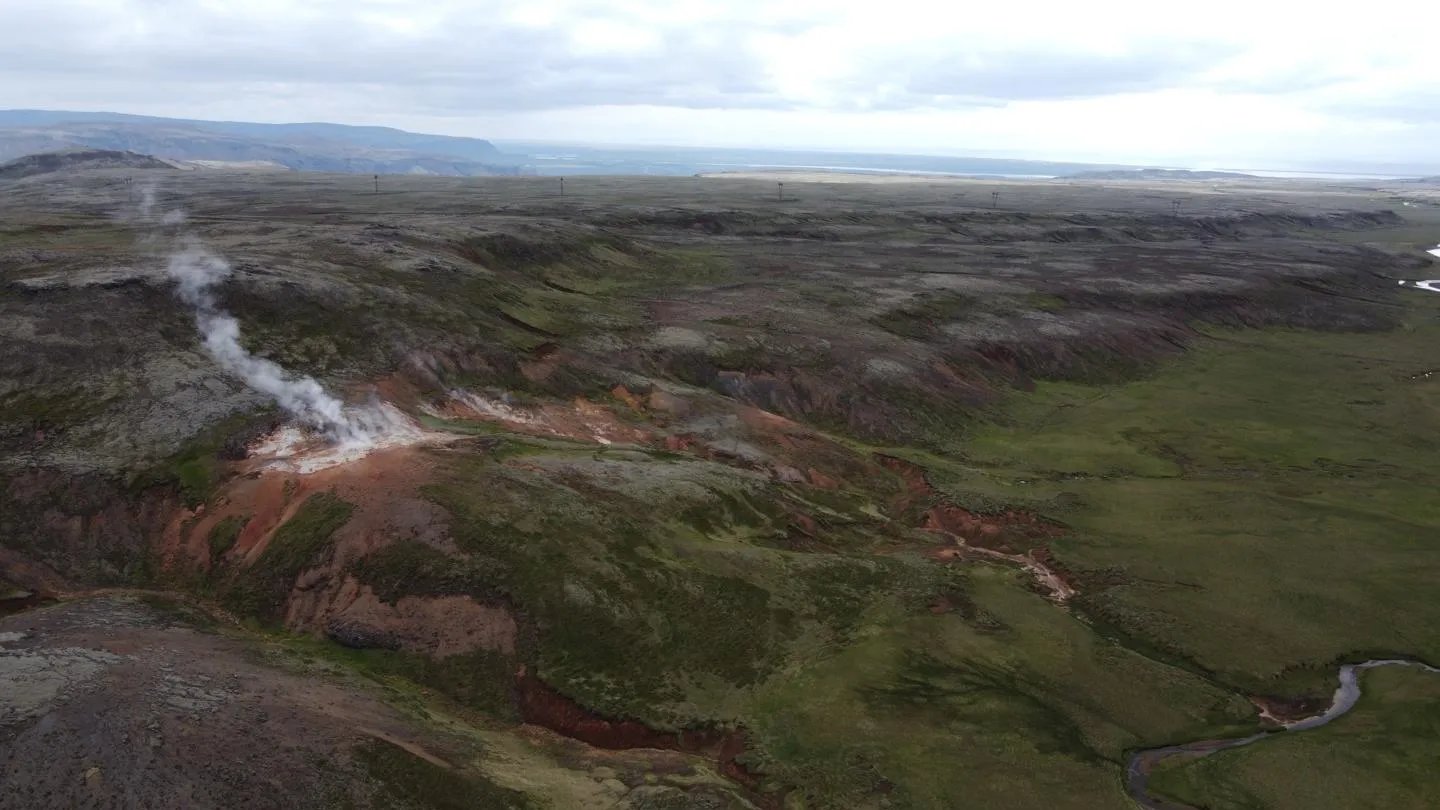 Drone photo of a rugged landscape in Iceland