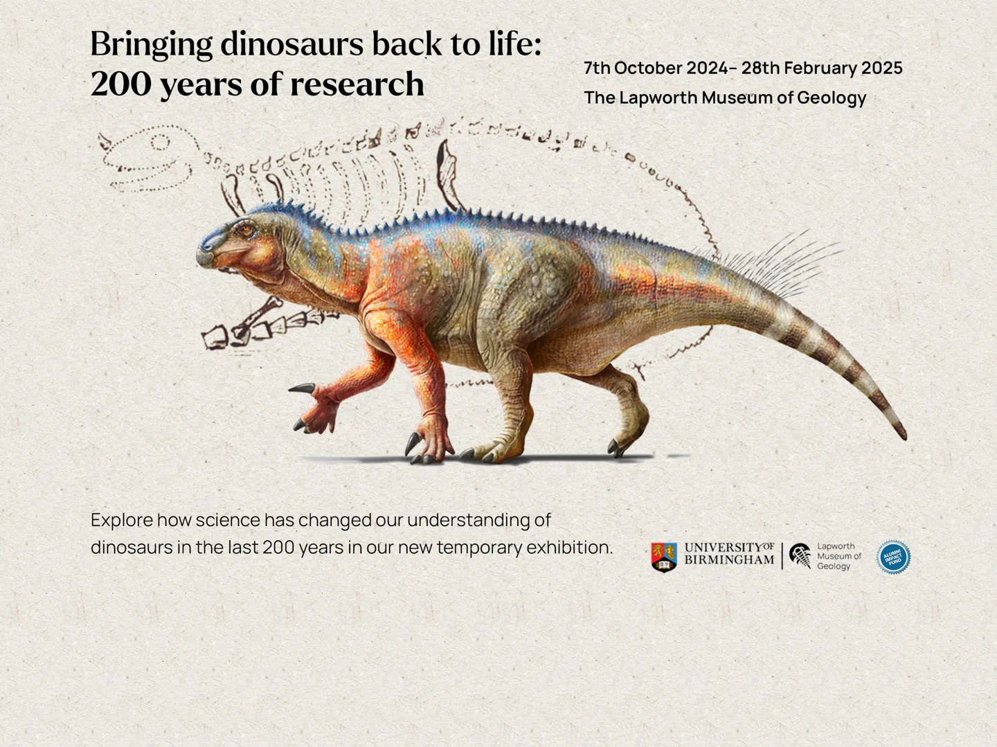 Exhibition poster featuring an Iguanodon reconstruction from 200 years ago alongside a modern interpretation.