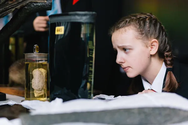 A student looks at a jarred specimen.