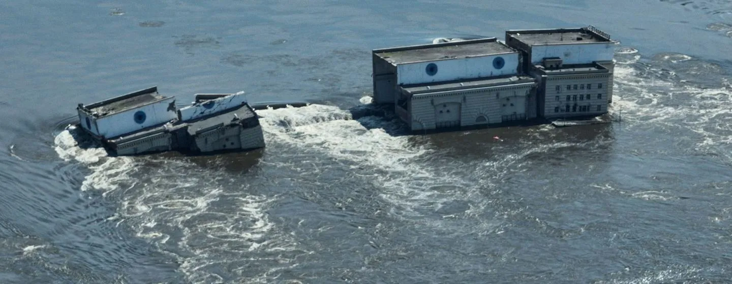 Water gushes through the destroyed Nova Kakhovka Dam in the Kherson region of Ukraine