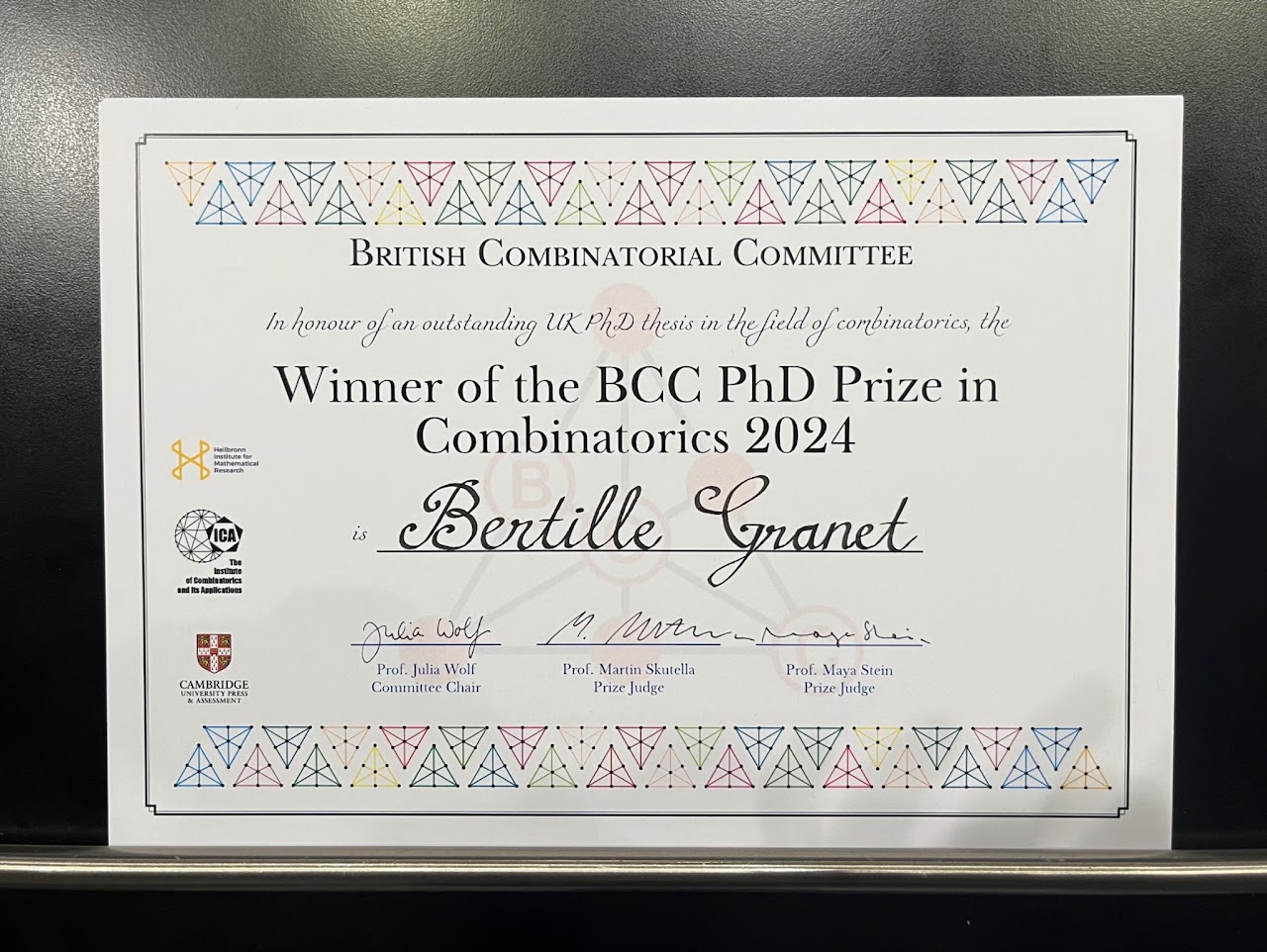 The certificate awarded to Bertille Granet as part of her prize