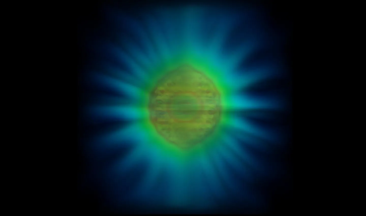 photon with yellow green oval centre surrounded by radiating blue light