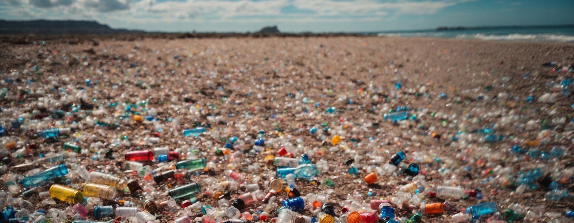Waste plastic bottles across a beach
