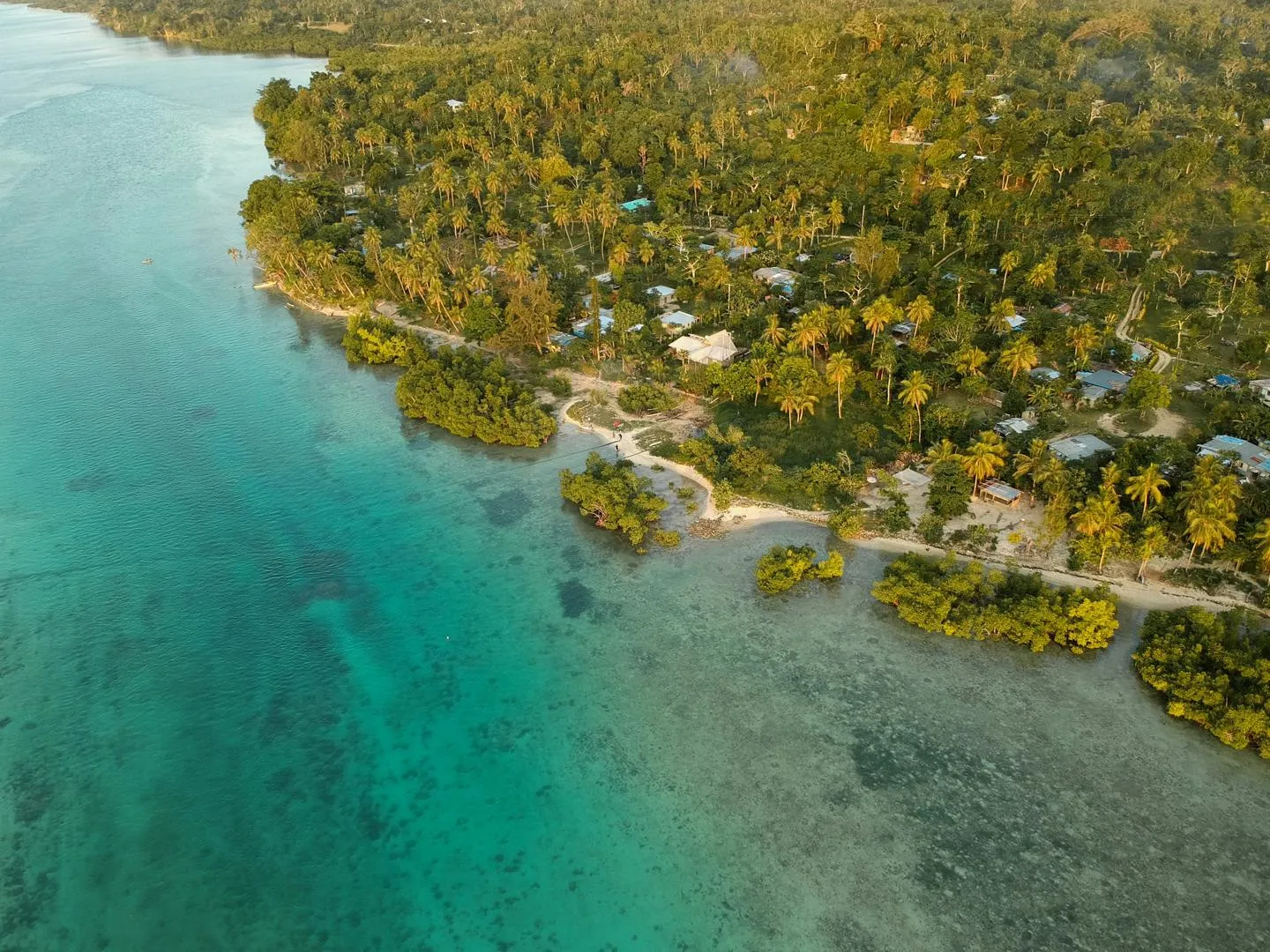 Aerial shot of Pacific island coastline