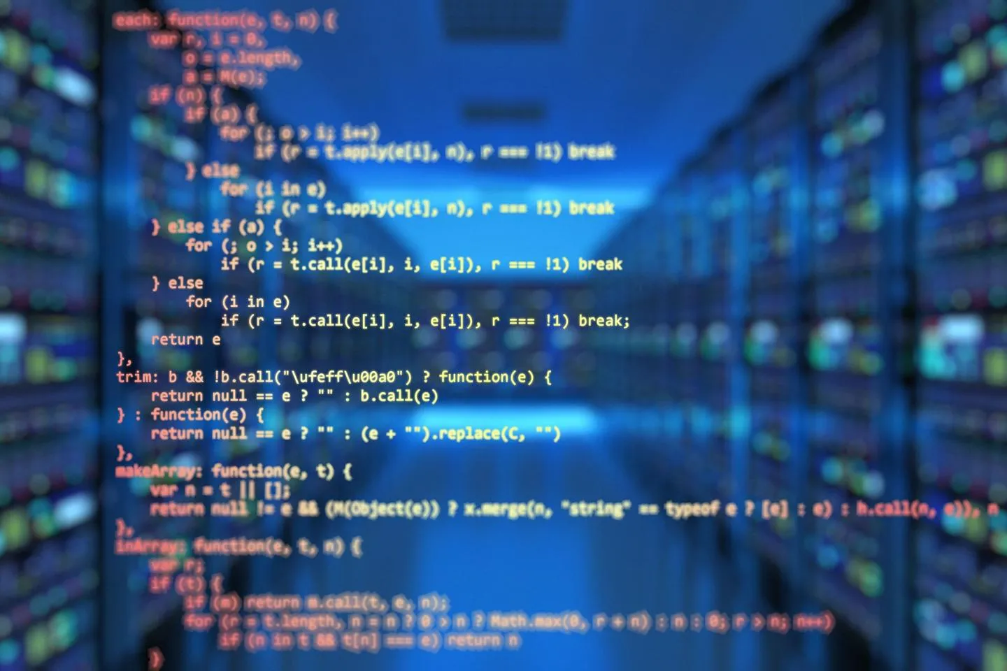 Lines of source code on a blue computer screen