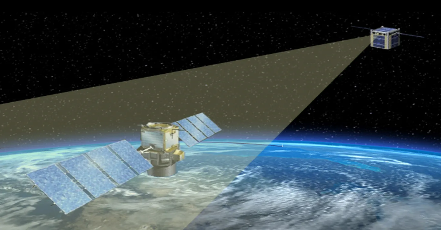 A graphical representation of of a satellite being scanned by radar